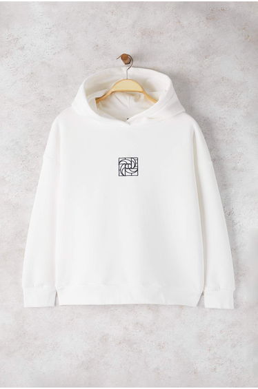 Ecru Oversize/Wide Pattern Embroidered Thick Fleece Knitted Sweatshirt