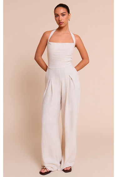 Natural Linen Look Bandeau Wide Leg Jumpsuit