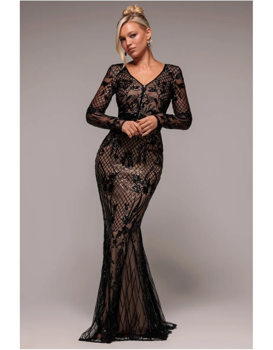 Shop Goddiva Full Sleeve Sequin Evening Dress - Black Online in Oman