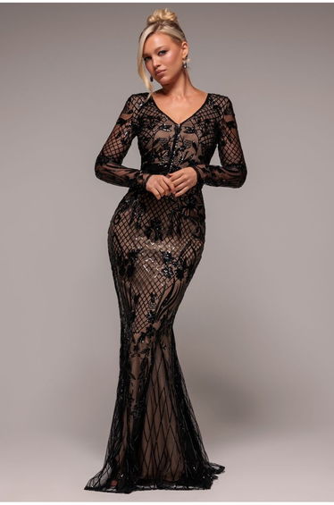 Goddiva Full Sleeve Sequin Evening Dress - Black