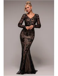 Goddiva Full Sleeve Sequin Evening Dress - Black
