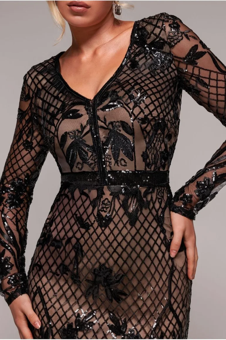 Goddiva Full Sleeve Sequin Evening Dress - Black - 2