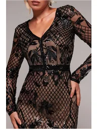 Goddiva Full Sleeve Sequin Evening Dress - Black - 2