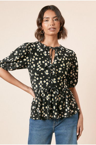 Floral Bow Tie Front Puff Sleeve Top
