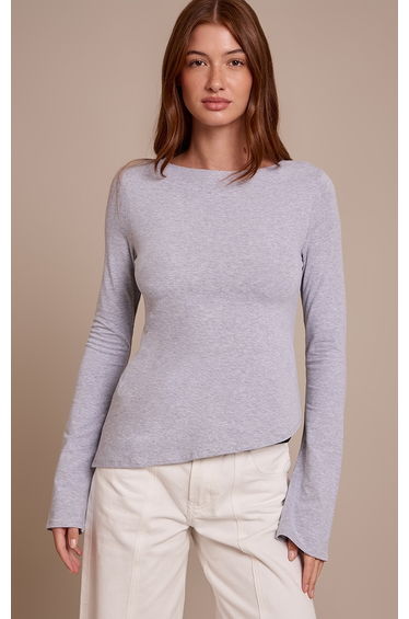 Grey Marl Cotton Asymmetric Hem Flared Long Sleeve Top