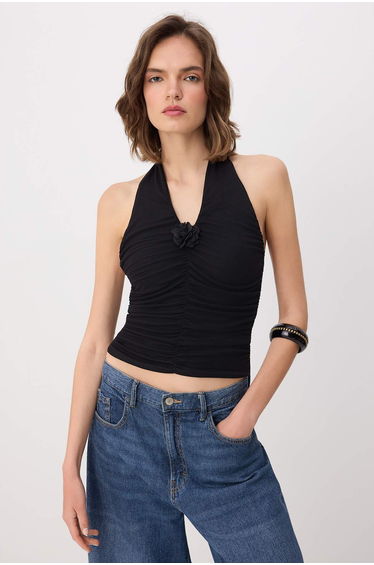 Black Fitted/Bodycon Halter Neck Soft Knitted Blouse with Accessories