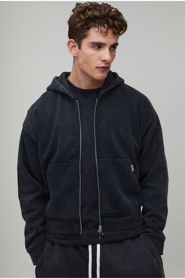 Essential Washed Shrunken Boxy Zip Through Hoodie - washed black