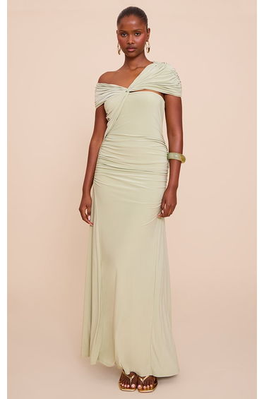 Sage Double Layer Slinky Asymmetric Ruched Maxi Dress