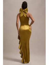 Janiya | Mustard Velvet High-Neck Ruffled Split Maxi Dress - 1