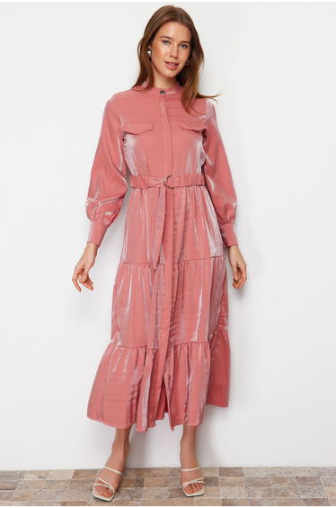 Pale Pink Shiny Satin Belt Detailed Skirt Frilly Woven Dress