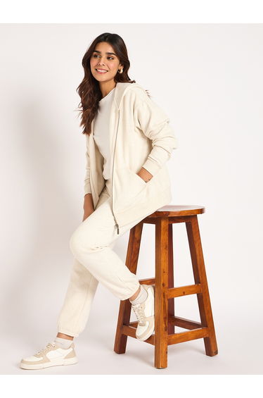 Women Off White Melange Fleece Joggers