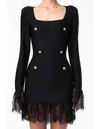 Sydney Classic Contour Long Sleeve Rhinestone Button Lace Bandage Mini Dress - 4