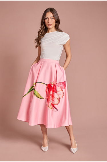 Satin Midi Skirt With Placement Print