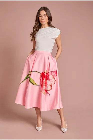 Satin Midi Skirt With Placement Print