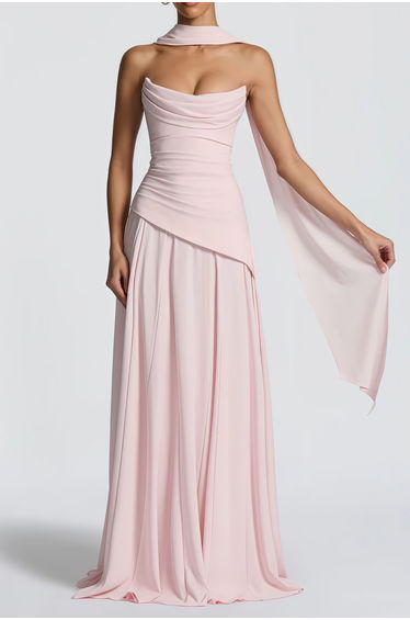Romane Pink Strapless Corset Chiffon Maxi Dress