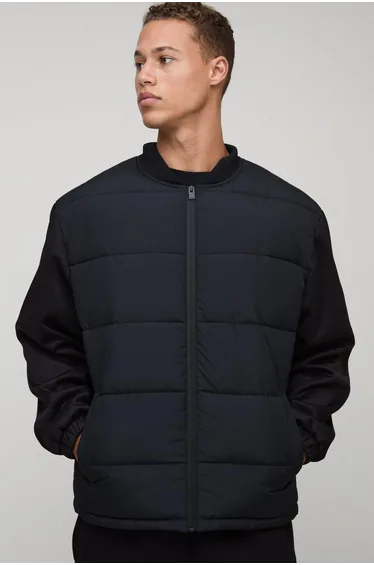 Tall Regular Fit Quilted Scuba Sleeve Puffer - black