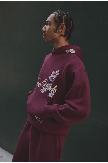 Oversized Boxy Floral Embroidered Hoodie - burgundy
