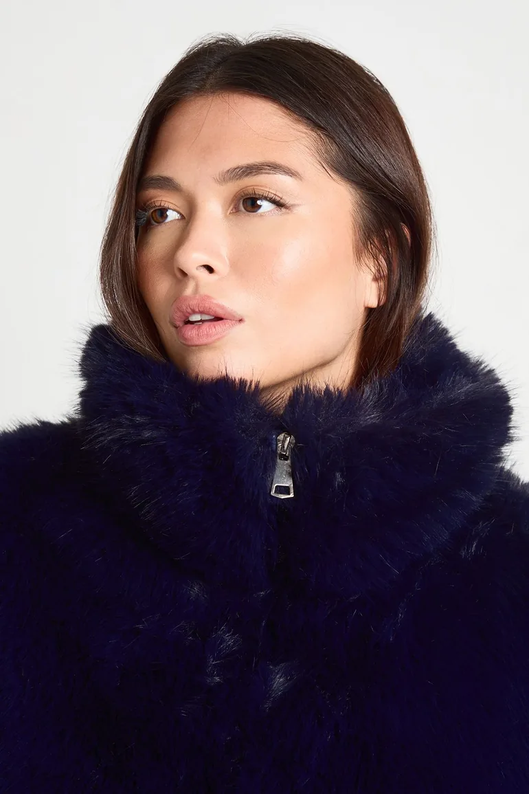 Vintage Look Faux Fur Jacket - navy - 3