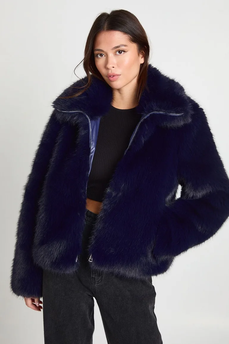 Vintage Look Faux Fur Jacket - navy