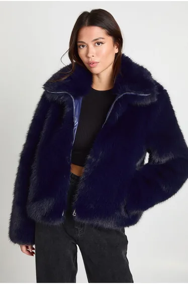 Vintage Look Faux Fur Jacket - navy
