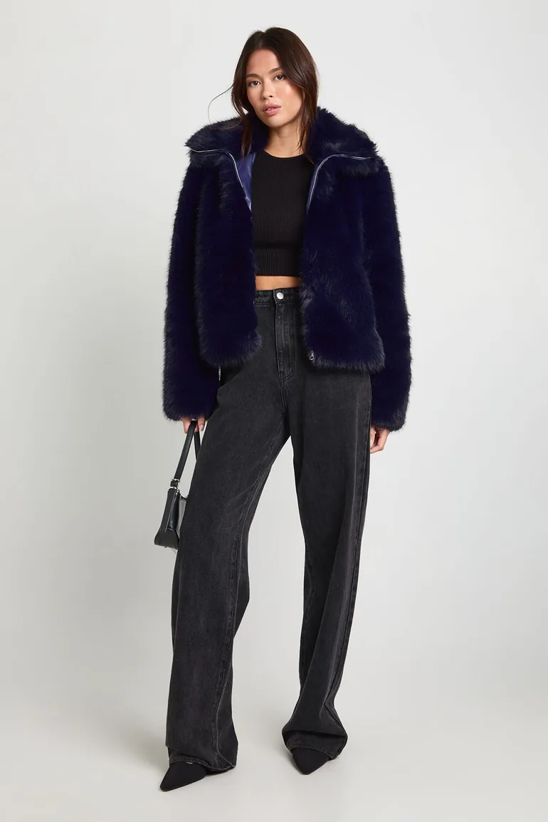 Vintage Look Faux Fur Jacket - navy - 2