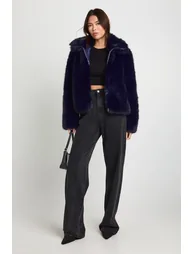 Vintage Look Faux Fur Jacket - navy - 2