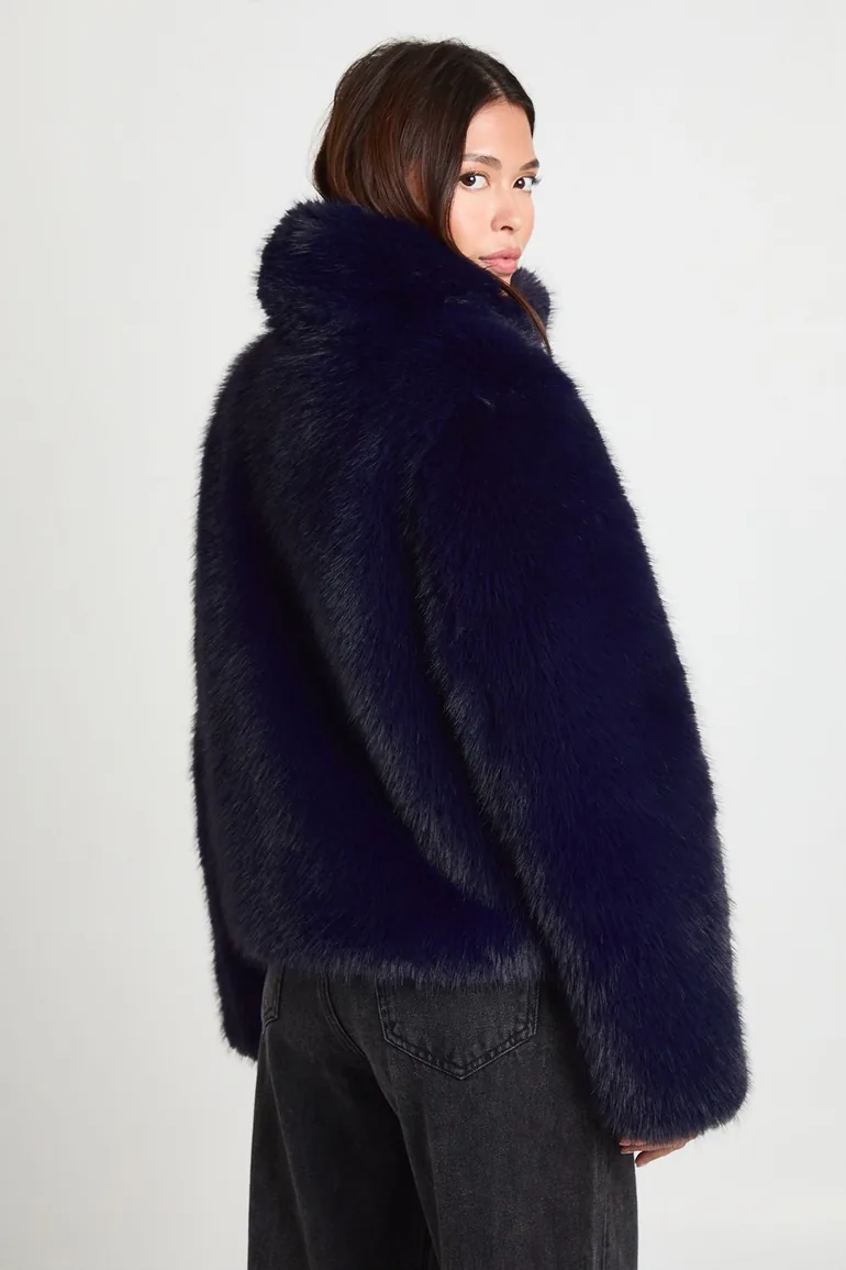 Vintage Look Faux Fur Jacket - navy - 1