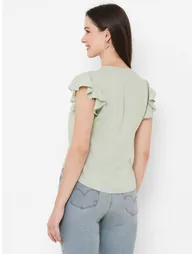 Women Green Frill Sleeve Tie Detail Top - 4