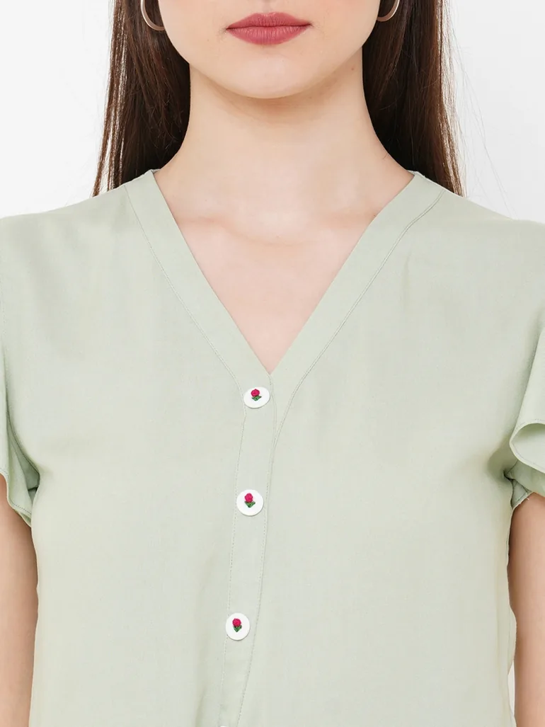Women Green Frill Sleeve Tie Detail Top - 1