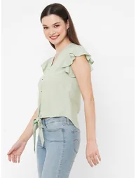 Women Green Frill Sleeve Tie Detail Top - 3