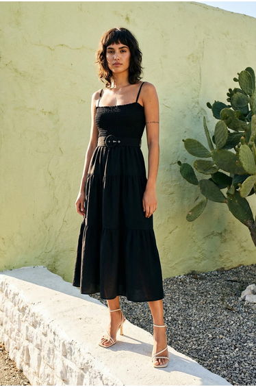 Black Belted Flounce Skater/Belt Opening Midi Woven Dress