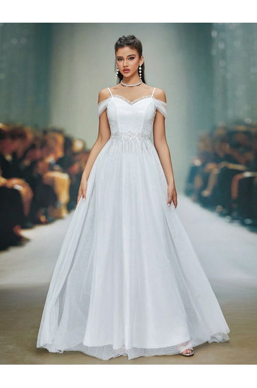 Leely White Off-the-Shoulder Tulle A-Line Wedding Dress