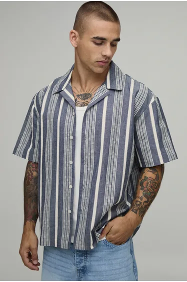 Oversized Multi Stripe Short Sleeve Shirt - navy