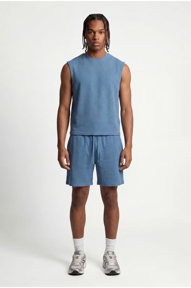 Boxy Waffle Drop Shoulder Tank & Baggy Shorts Set - slate blue