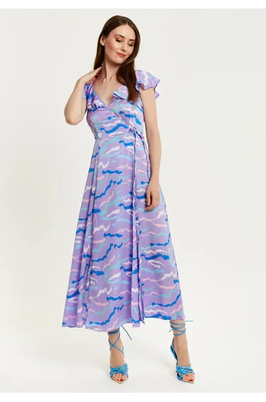 Women's Maxi Dress with Flouncy Sleeves and Abstract Zebra Print in Lilac.