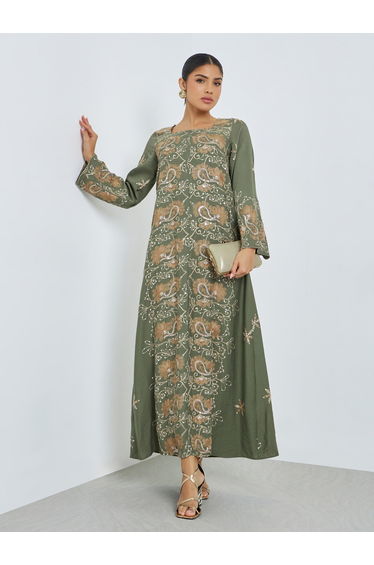 Green Square Neck Embroidered Jalabiya