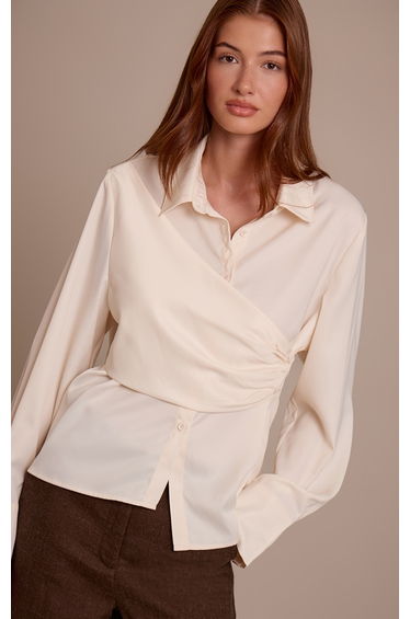 Cream Satin Drape Detail Long Sleeve Shirt
