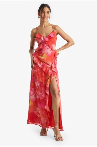 فستان ماكسي شيفون بكشكش بطبعة أزهار