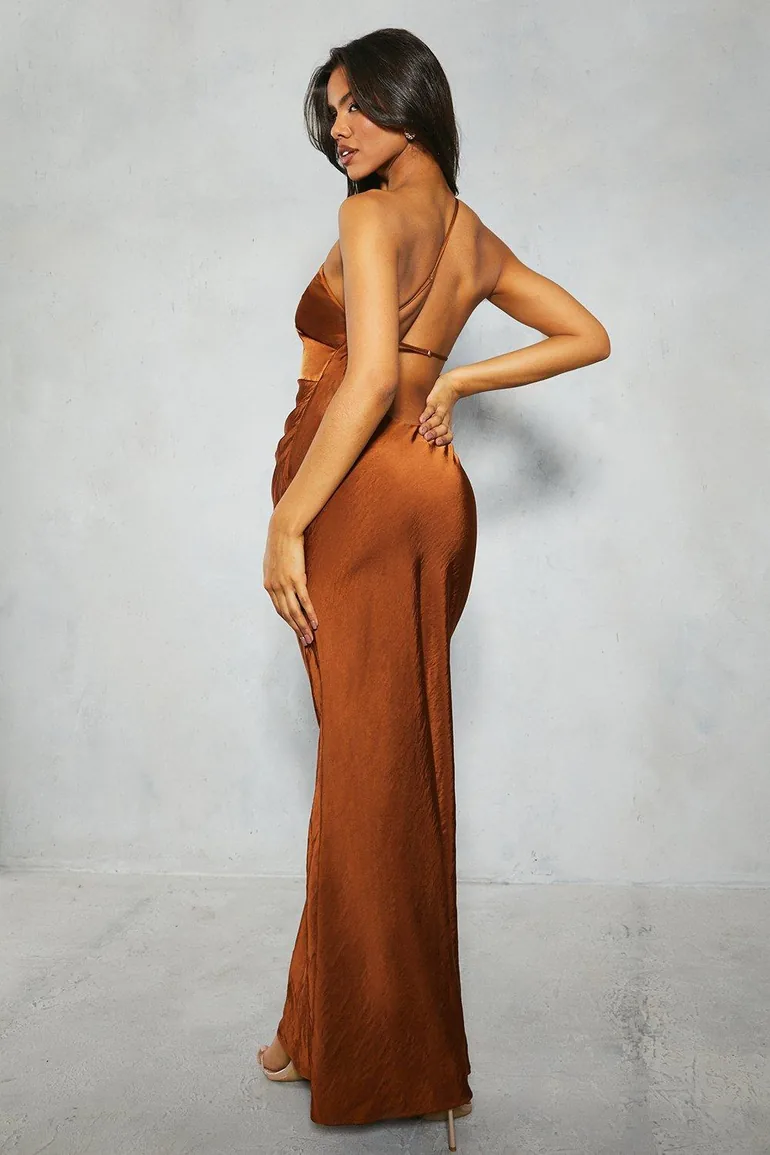 satin asymmetric strap pleated waist low back maxi dress MissPap Women's Satin Asymmetric Strap Pleated Waist Low Back Maxi Bridesmaid Dress in Cream