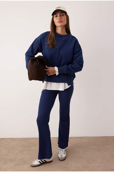 Navy blue premium oversize/wide fit knitted sweatshirt with stitch detail and thick fleece inside