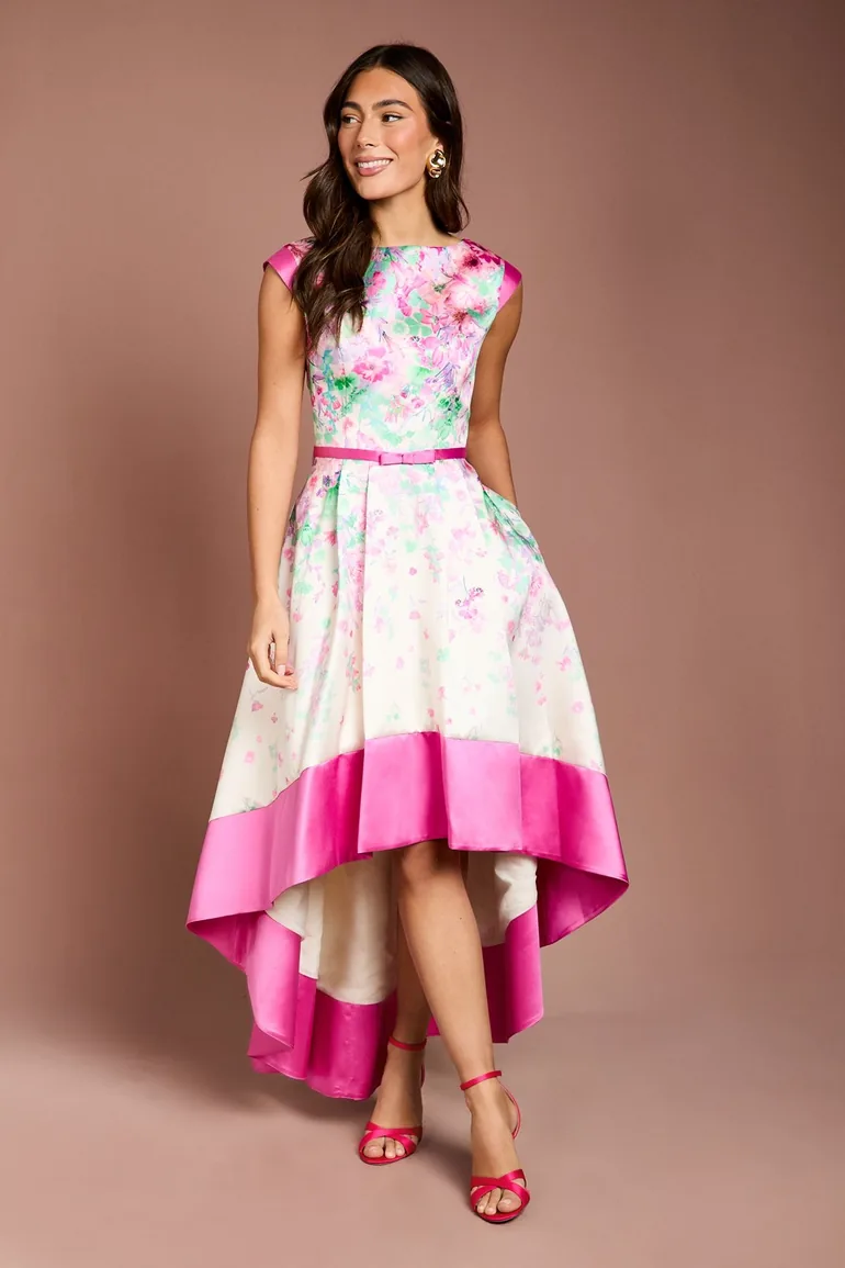 Twill Hi-Lo Floral Printed Midi Dress