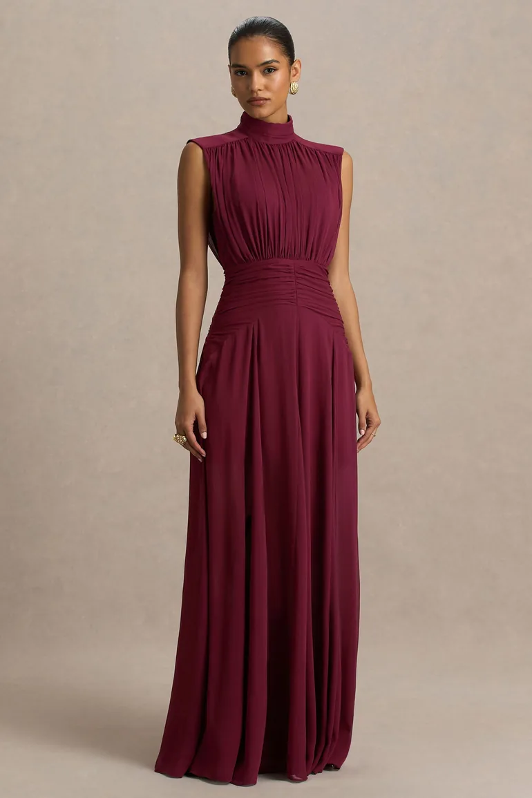burgundy high neck maxi dress Perfect Stranger Rosewood High Neck Maxi Dress Burgundy