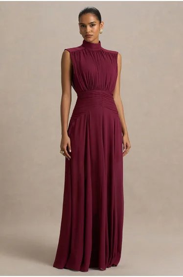 فستان ماكسي مزموم بياقة عالية - أحمر