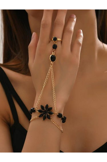 Black Lotus Hand Chain Ring Bracelet
