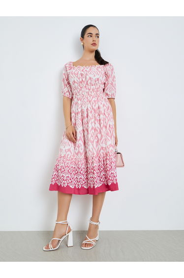 Women Pink Printed Ruched A-Line Midi Dress
