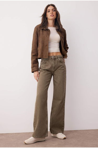Green High Waist Vintage Wash Wide Leg Jeans