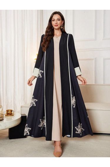 Black Floral Print Open Front Abaya