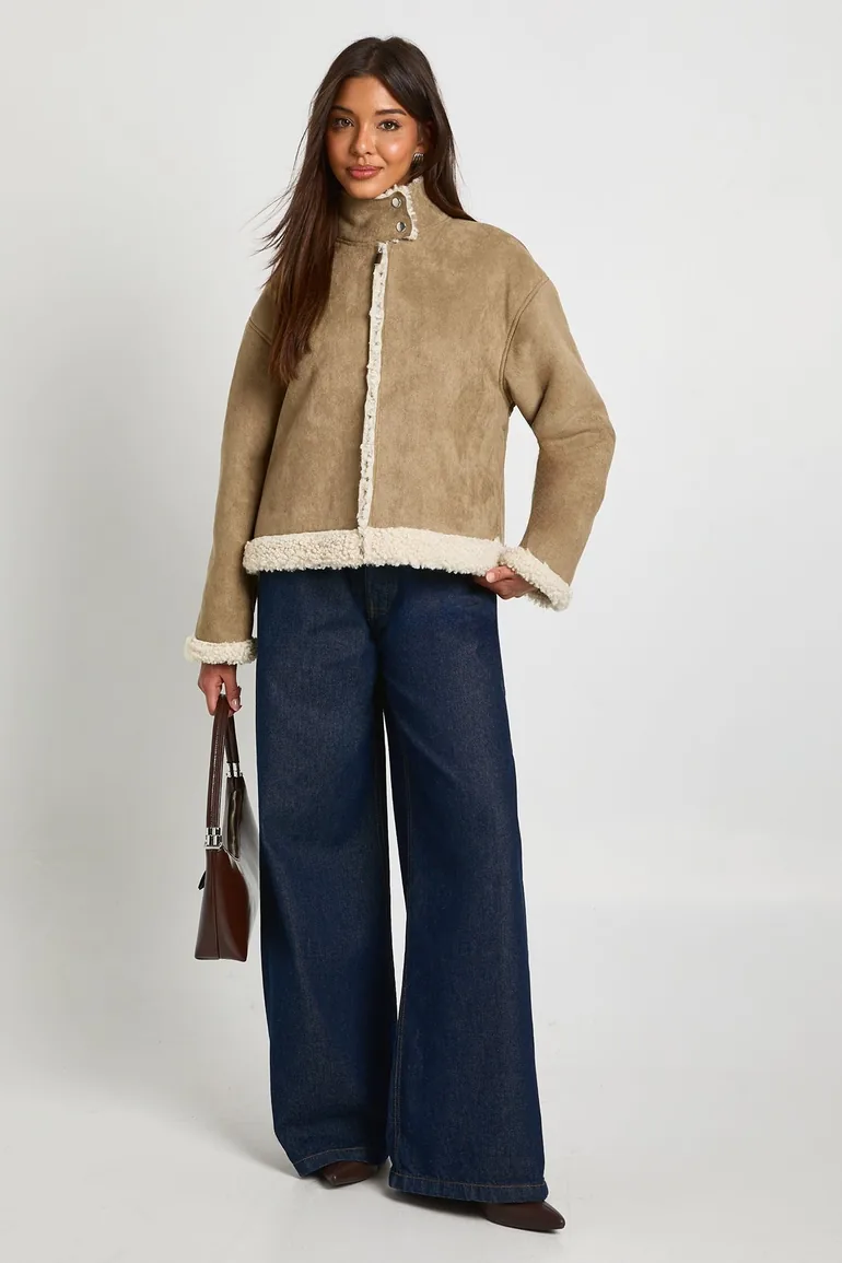 Suede High Neck Fur Lined Aviator - stone
