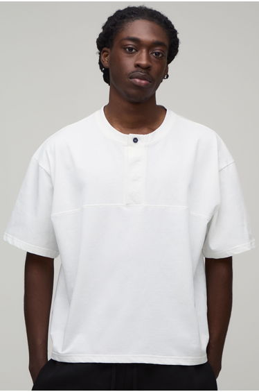 Oversized Boxy Concealed Placket Henley T-Shirt - white