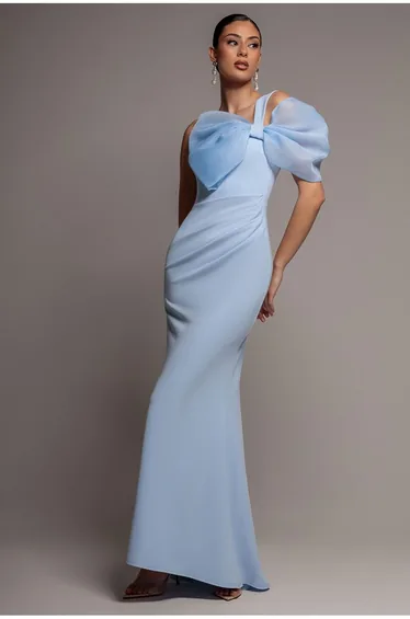 Organza Bow One Shoulder Scuba Crepe Maxi Dress - Powder Blue by Goddiva